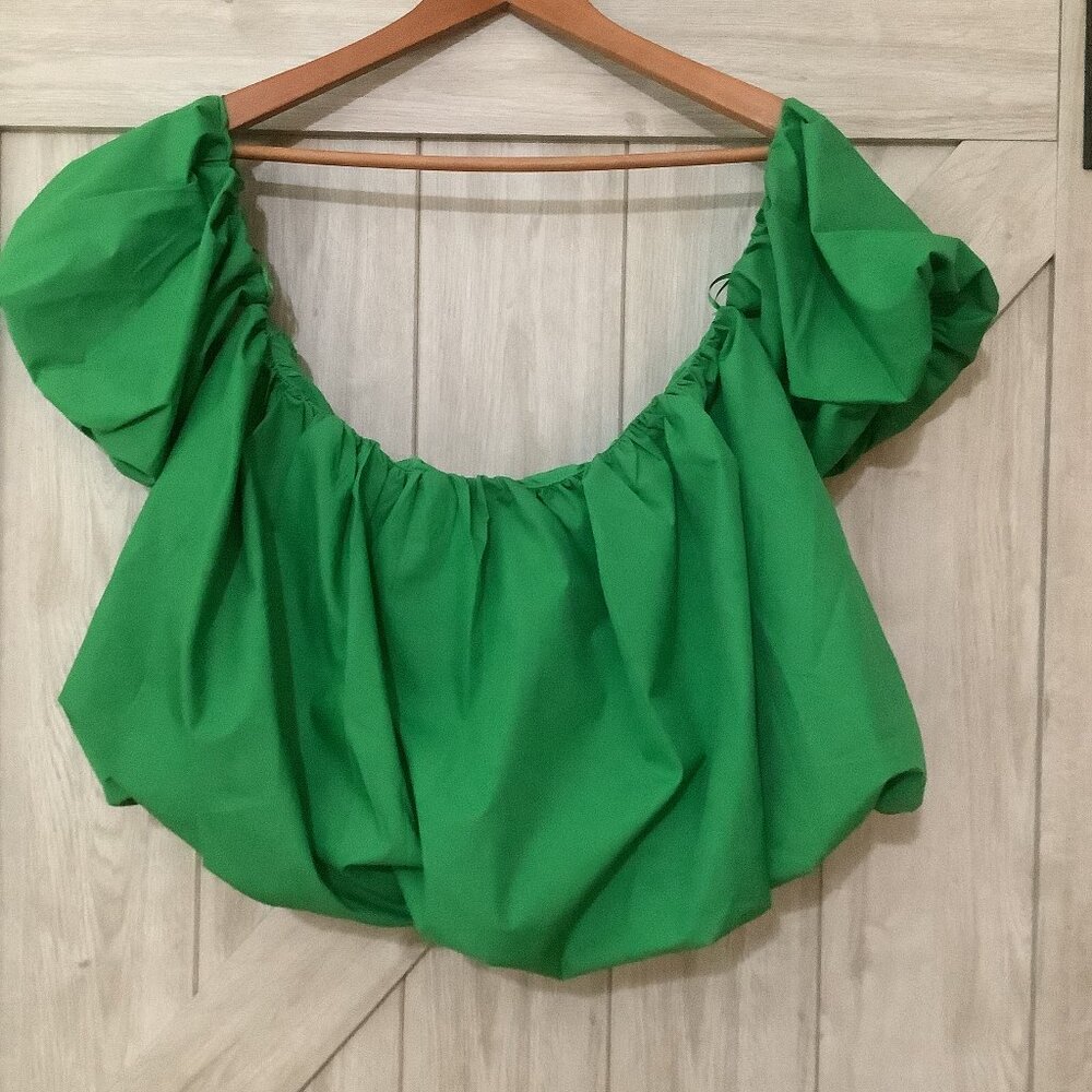 BIBI-KELLY GREEN STATEMENT PUFF SLEEVE OFF SHOULDER BUBBLE CROP TOP-NWT-SIZE-L